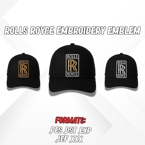 Op de afbeelding: Drie zwarte baseballpetten met geborduurde Rolls Royce-logo's in goud en wit. De petten worden getoond tegen een witte achtergrond. De tekst "FORMATS: PES DST EXP JEF XXX" wordt onder de petten weergegeven.
