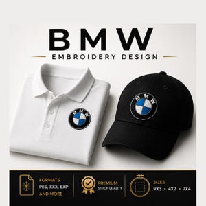 Puede incluir: Un polo blanco y una gorra de béisbol negra, ambos con el logotipo circular de BMW en azul, blanco y negro. La imagen incluye el texto BMW EMBROIDERY DESIGN, junto con los formatos de archivo PES, XXX, EXP y tamaños 9x3, 4x2, 7x4.