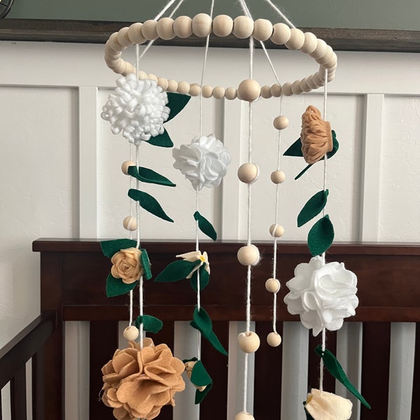 White and Neutral Colored Flower Baby Nursery Mobile