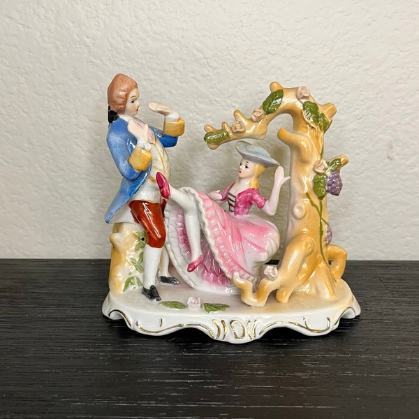 Vintage Dresden-Inspired Porcelain Figurine-Scene Features a Well-Dressed Man and Elegant Woman near a Tree-Handpainted