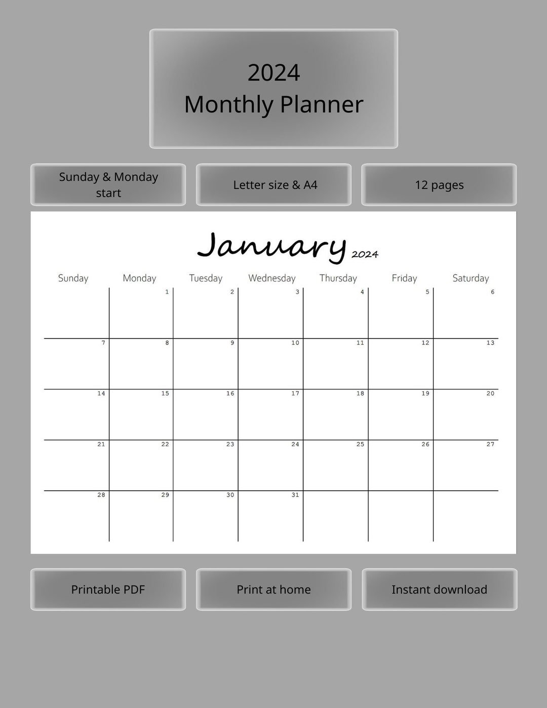 2024 Calendar Digital Planner 2024 Printable Planner for 2024 Year