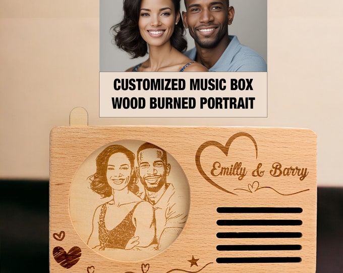 Personalized Music Box, Wood Engraved Photo, Custom Wood Burning, Wood Burned Portrait, Family Portrait, Anniversary Gift, Gift for Couple