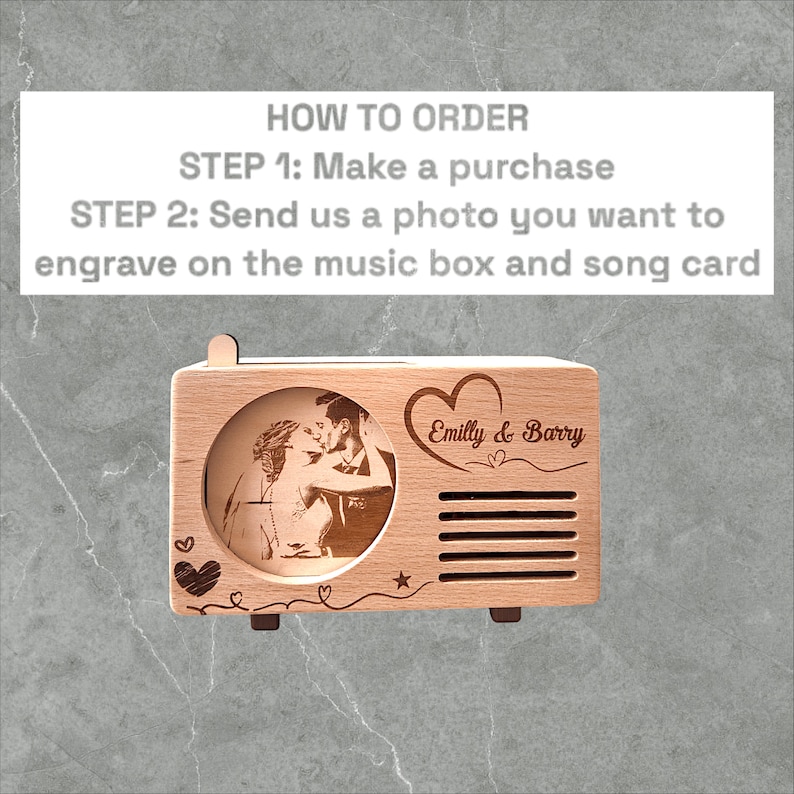 May include: A wooden music box shaped like a vintage radio with a photo of a couple kissing engraved on the front. The music box has a heart-shaped design with the text "Emilly & Barry" engraved on it.