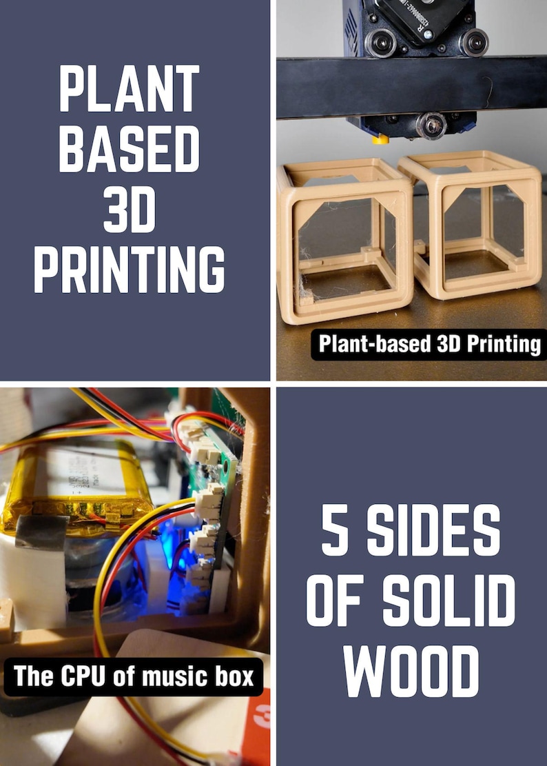 May include: Image showcasing plant-based 3D printing. The text reads "PLANT BASED 3D PRINTING". Two beige, cube-shaped objects are visible, along with the text "Plant-based 3D Printing". The image also shows the CPU of a music box and the text "5 SIDES OF SOLID WOOD".