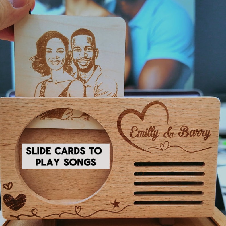 custom photo engraved music box, custom music player, couple portrait custom gift, family day gift, father day gift, mother day gift, wood photograph, wood portrait, burned wood photo, wood family portrait, anniversary gift, wedding gift