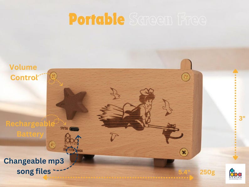 May include: A wooden music box with a laser-engraved image of a girl flying on a broomstick with a cat. The music box has a volume control knob, a rechargeable battery, and a slot for changeable mp3 song files. It measures 5.4 inches wide and 3 inches tall.