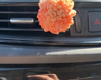 Wooden Floral Car Scent Diffuser, Coral Color Mum Car Freshener, Add Your Own Essential Oil Car Clip, First Car Gift, Flower Car Accessory