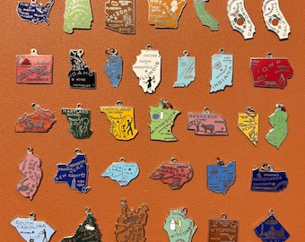 Könnte beinhalten: Eine Sammlung bunter Emaille-Anhänger in Form von US-Bundesstaaten. Jeder Anhänger zeigt die Umrisse des Staates, oft mit dem Namen einer Stadt oder eines Wahrzeichens. Die Anhänger sind in verschiedenen Farben, darunter Blau, Grün und Rot.