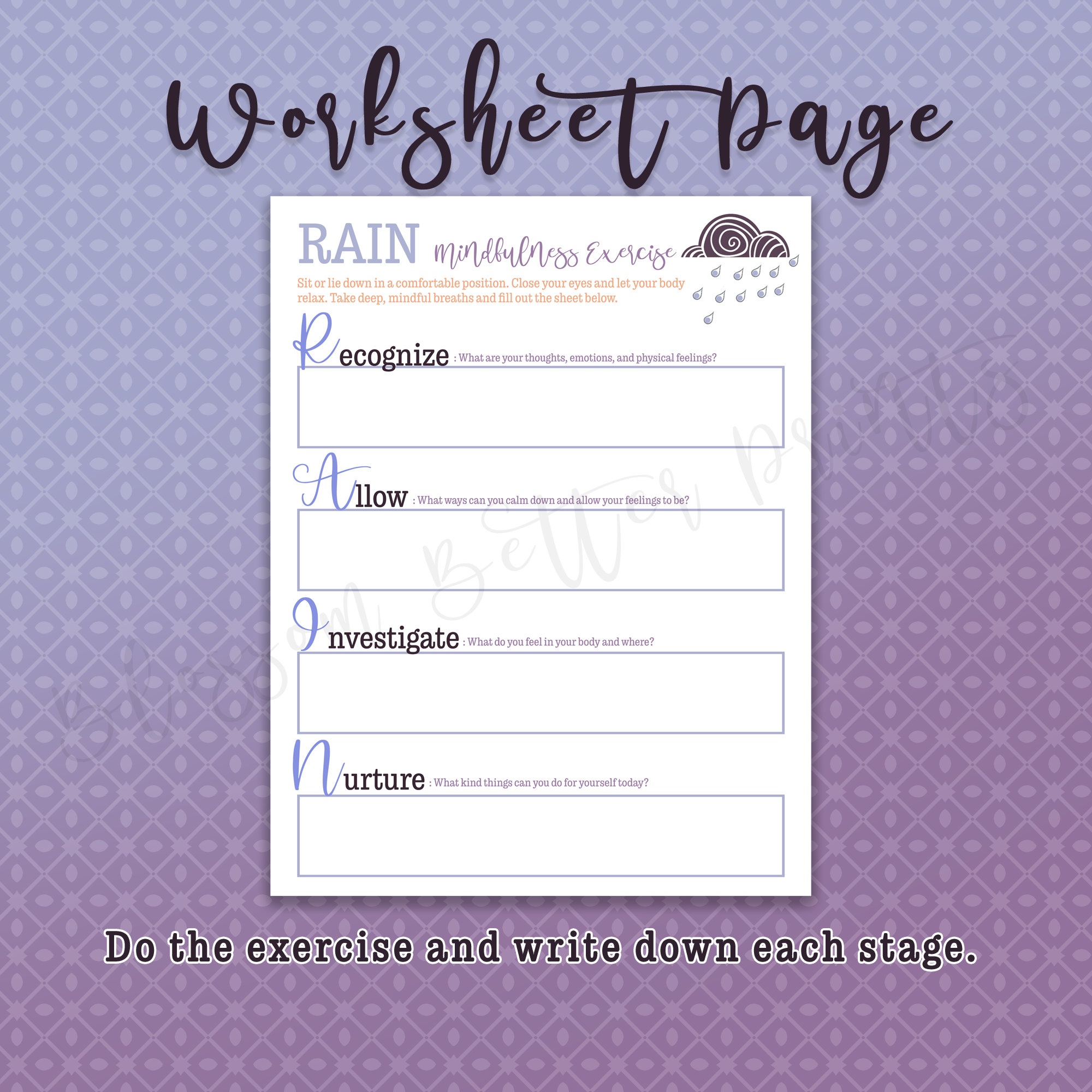 Discover Mindfulness With RAIN Exercise Printable Therapy Worksheet for Emotional Wellbeing