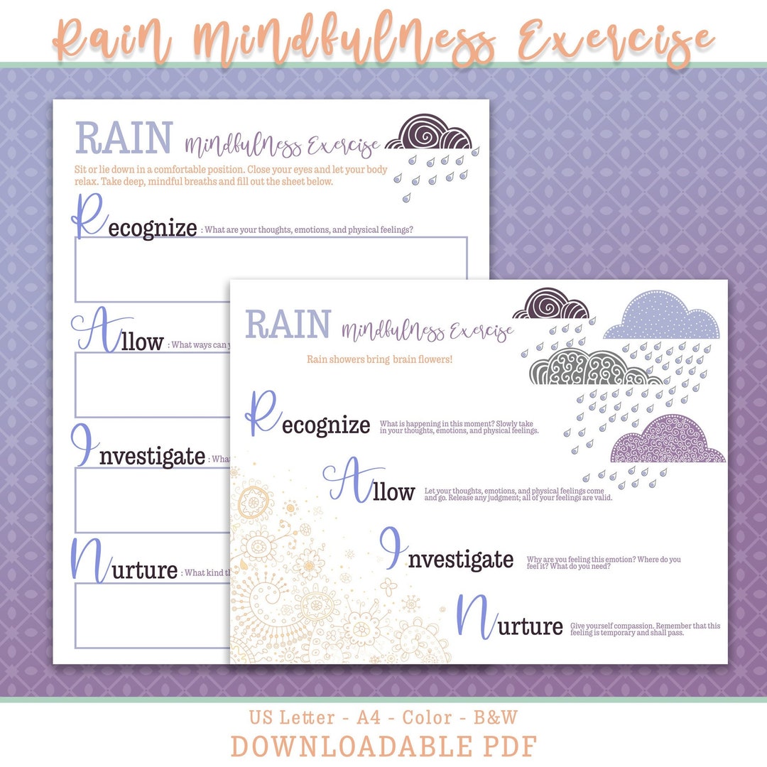 Discover Mindfulness With RAIN Exercise Printable Therapy Worksheet for Emotional Wellbeing