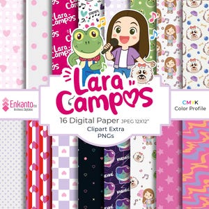 May include: A collection of 16 digital papers with various patterns, including polka dots, hearts, and cartoon illustrations. The papers feature a color palette of pink, purple, and white, with the text "Lara Campos" and "Clipart Extra PNGs".