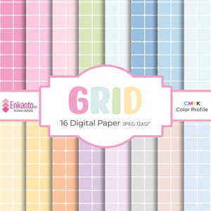 Könnte beinhalten: Eine Sammlung von 16 digitalen Papieren mit einem Rastermuster in verschiedenen Pastellfarben, darunter Rosa, Blau, Grün und Gelb. Das Wort "GRID" wird in bunten Buchstaben angezeigt. Die Papiere sind 30,48 x 30,48 cm groß.