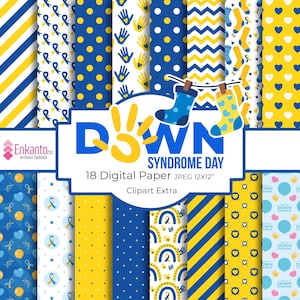 May include: A set of 18 digital papers featuring various patterns in blue, yellow, and white. The patterns include polka dots, stripes, zigzags, and handprints. The papers are designed for Down Syndrome Awareness Day and include the text "Down Syndrome Day" and "18 Digital Paper JPEG 12X12" and "Clipart Extra".