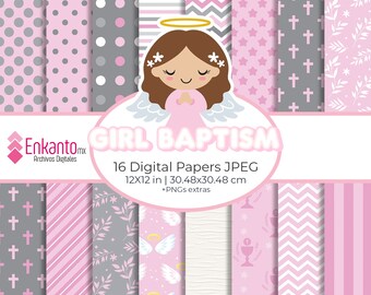 May include: A digital paper pack with 16 different patterns in pink and gray. The patterns include polka dots, stripes, crosses, stars, leaves, and chevron. The pack also includes PNGs. The text "GIRL BAPTISM" is at the top of the image. The text "16 Digital Papers JPEG 12X12 in | 30.48x30.48 cm +PNGs extras" is at the bottom of the image.