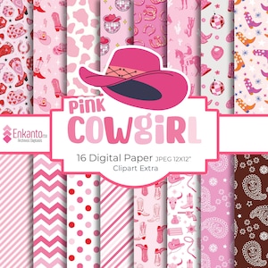 Puede incluir: Un paquete de papel digital con temática de vaquera rosa. La imagen muestra varios patrones, incluyendo botas de vaquero, sombreros y diseños de cachemira. El texto "Pink Cowgirl" se muestra de forma destacada, junto con "16 Digital Paper JPEG 12x12".