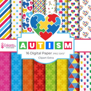 Puede incluir: Un conjunto de 16 papeles digitales con patrones coloridos con piezas de rompecabezas, corazones y otros símbolos de concienciación sobre el autismo. Los papeles miden 30,5 cm por 30,5 cm y están en formato JPEG. El texto "AUTISMO" está escrito en letras grandes y coloridas en la parte superior de la imagen.