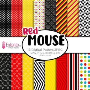 Puede incluir: Un conjunto de 16 papeles digitales con varios patrones en rojo, amarillo, negro y blanco. Los patrones incluyen lunares, rayas, cuadros y orejas de Mickey Mouse. Los papeles son de 12x12 pulgadas (30,48x30,48 cm) y son perfectos para scrapbooking, creación de tarjetas y otros proyectos de manualidades.