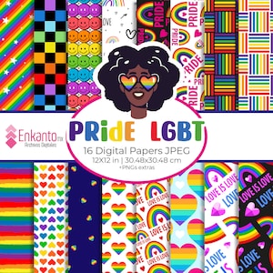 Może przedstawiać: Zestaw 16 cyfrowych papierów o tematyce Pride i LGBT. Wzory obejmują tęcze, serca oraz napisy "Love is Love" i "Pride". Papiery mają wymiary 30,48 x 30,48 cm i zawierają dodatki PNG.