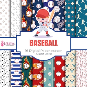 Puede incluir: Colección de 16 papeles digitales con temática de béisbol, con patrones variados: pelotas, bates, llamas y una ilustración de jugador. Los papeles miden 30.48 x 30.48 cm e incluyen extras de imágenes prediseñadas.