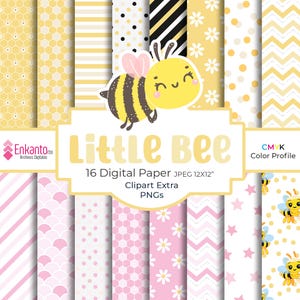 Puede incluir: Una colección de 16 papeles digitales con varios patrones en amarillo y rosa, incluyendo lunares, rayas y diseños florales. La imagen presenta una abeja de dibujos animados y el texto "Little Bee". Los papeles miden 30.48 cm x 30.48 cm.