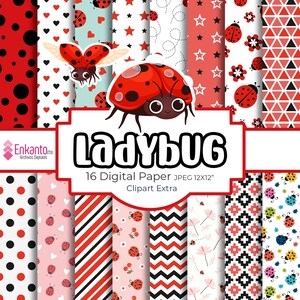 Puede incluir: Un conjunto de 16 papeles digitales con diseños de mariquitas. Los papeles incluyen varios patrones como lunares, corazones, estrellas y formas geométricas. Los papeles son de color rojo, negro, blanco y rosa. Los papeles miden 12x12 pulgadas y están en formato JPEG. Los papeles son perfectos para scrapbooking, creación de tarjetas y otros proyectos de manualidades.