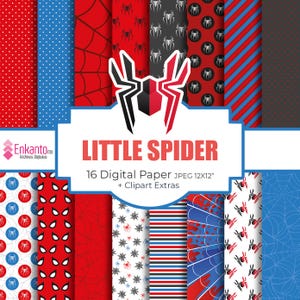 May include: A digital paper pack with 16 different designs featuring a red and blue color scheme with spider webs, spider eyes, and spiders. The text "Little Spider" and "16 Digital Paper JPEG 12x12" is included in the image.