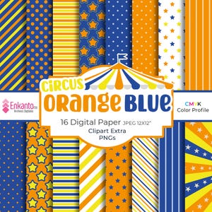 Puede incluir: Un conjunto de papeles digitales con varios patrones en naranja, azul y amarillo. Los diseños incluyen rayas, lunares, estrellas y un gráfico de carpa de circo. El texto dice "CIRCUS ORANGE BLUE" y "16 Digital Paper JPEG 12x12".
