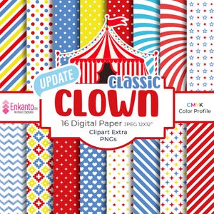 Puede incluir: Un conjunto de 16 papeles digitales con temática de circo en colores rojo, azul, amarillo y blanco. Los papeles incluyen varios patrones como lunares, rayas, estrellas y corazones. Los papeles son de 12x12 pulgadas y vienen con clipart y PNG.