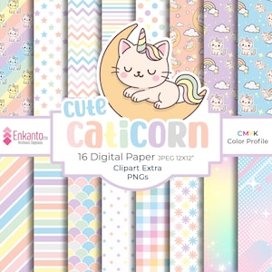 Puede incluir: Una colección de 16 papeles digitales con patrones pastel, incluyendo rayas, estrellas y un diseño de escamas. Los papeles presentan un gráfico de "Cute Caticorn", un gato con un cuerno de unicornio, y el texto "Cute Caticorn". Los papeles son JPEG 30,48 x 30,48 cm.