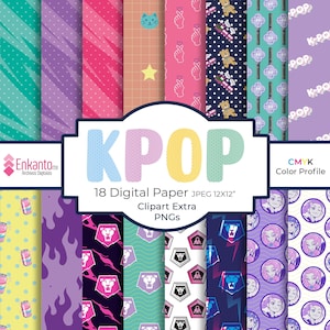 Puede incluir: Una colección de 18 papeles digitales con varios patrones y diseños, incluyendo rayas, lunares y gráficos temáticos de KPOP. Los papeles están en formato JPEG, miden 30,48 x 30,48 cm e incluyen clipart adicional y PNG. El perfil de color es CMYK.