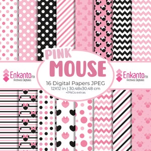 Puede incluir: Un conjunto de 16 papeles digitales con patrones rosas y negros, incluyendo lunares, rayas, corazones y una silueta de ratón. Los papeles miden 30,48 x 30,48 cm y son perfectos para manualidades y scrapbooking.