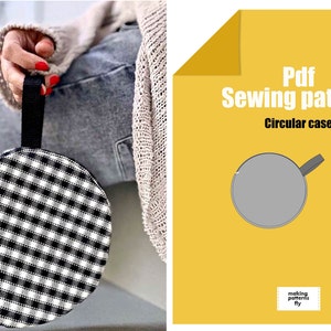 May include: A black and white gingham fabric circular case with a black handle. The case is shown in a close-up view. The image also shows a PDF sewing pattern for a circular case with a handle. The text on the pattern reads "Pdf Sewing pattern Circular case making patterns by"