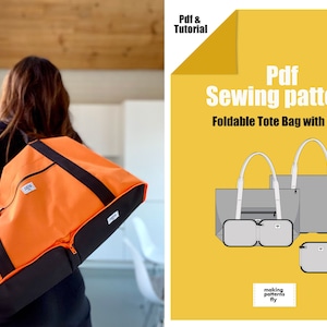 May include: A woman is carrying a bright orange and black foldable tote bag with a zippered case. The bag is shown next to a graphic of the bag and case, with the text "Pdf Sewing pattern Foldable Tote Bag with Case".