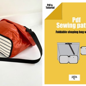 Foldable shopping bag with built-in case, Sewing pattern,  Shopping bag Instant digital download, Auxiliary bag to carry in your bag