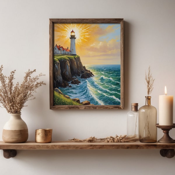 Lighthouse Cottage Wall Art, Oil Painting Print, Home Decor, Digital Download Print, Nature Art, Lighthouse Art, Coastal Art, Relaxing Art