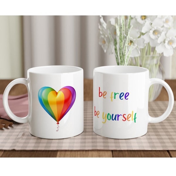 Kaffeetasse mit Regenbogen Ballon / Queere Keramik Tasse / Geschenk für LGBTQ / Pride Homosexuell