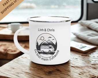 Taza de esmalte personalizada para parejas: regalo para campistas, excursionistas y viajeros. Accesorios de camping y furgonetas. Taza de café con nombre.