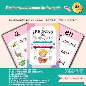 May include: A set of 58 educational flashcards for learning French sounds, measuring 12.7 x 8.9 cm. The cards feature colourful illustrations, text examples like 'avion' and 'enfant', and a central cover card showing a child reading a book.