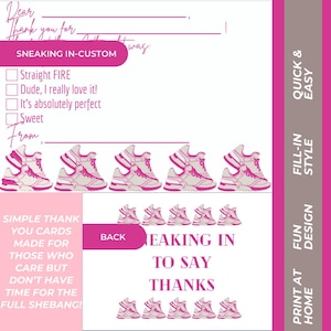 Roze aangepaste aanvraag Tween tiener invulbare eenvoudig modern sneakerthema bedankt 5 * 7 DUBBELZIJDIG NOTITIEKAART - digitale download