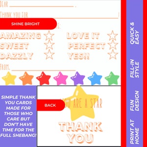 Kinder Fill-in-the-Blank Moderne Junge oder Mädchen Stern Glanz Schein Thema Danke 5 * 7 DOPPELSEITIGE NOTECARD - Digital Download