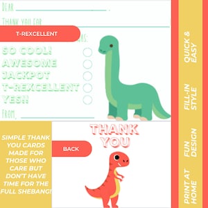 Kinder Fill-in-the-Blank Einfaches Modernes Jungen oder Mädchen Dinosaurier Thema Danke 5 * 7 DOPPELSEITIGE NOTECARD - Digital Download