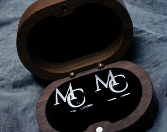 Gemelos de iniciales de nombre personalizado con caja de madera, gemelos personalizados, gemelos de novio de boda, regalo de padrinos, regalo de padre, regalo de marido