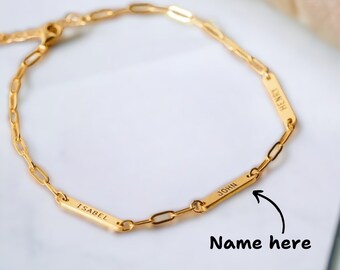 Aangepaste naam Bar armband, gegraveerde bedelarmband met paperclip ketting, moedercadeau, verjaardag, gepersonaliseerd, verstelbaar, goud, zilver