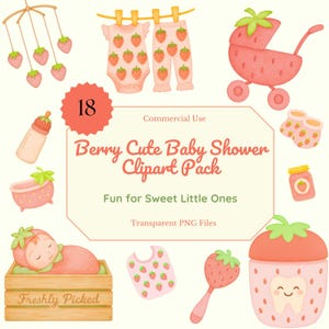 Clipart de fresas en acuarela, PNG de primer cumpleaños con bayas, elementos de baby shower con fresas, gráficos de frutas para tendedero de ropa de bebé, uso comercial