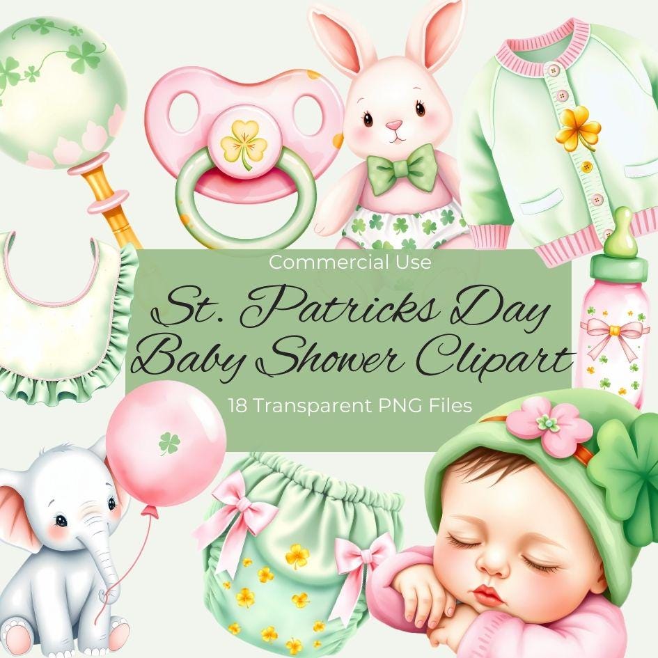 18 St. Patricks Day Clipart, Babyshower Nursery PNG, Baby Shower DIY , Clover Irish Clip Art, Baby Girl, Instant Download, Commercial Use.