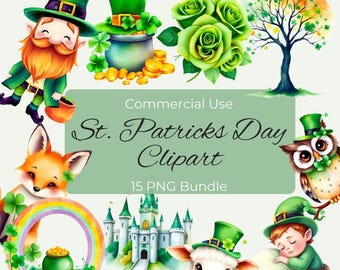 15 St. Patricks Day Clipart, St Pattys PNG, St Patrick Leprechaun PNG, Clover Irish Clip Art, Instant Download, Watercolor Commercial Use.