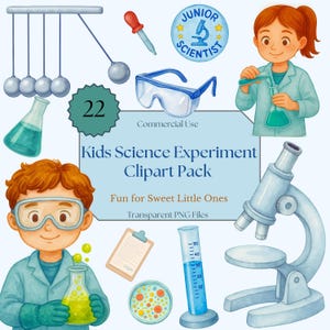 Op de afbeelding: Waterverfillustratie van een clipartpakket voor wetenschappelijke experimenten voor kinderen. De afbeelding bevat een microscoop, bekers, reageerbuizen, een veiligheidsbril en een Junior Scientist-badge. De tekst luidt "Kids Science Experiment Clipart Pack".