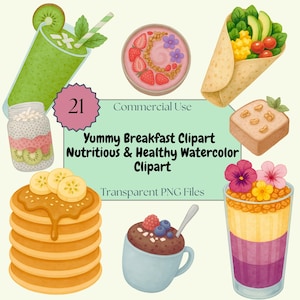 Healthy Breakfast Clipart Bundle, Watercolor Food PNGs, Oats, Smoothie Bowls, Fruit, Avocado Toast, Card Making, Kitchen Art, Commercial Use