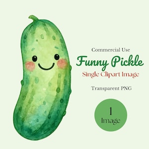 Clipart de cornichon drôle, légume vert mignon, image de nourriture Kawaii, aquarelle PNG, fichier unique, téléchargement instantané, utilisation commerciale, artisanat de bricolage.