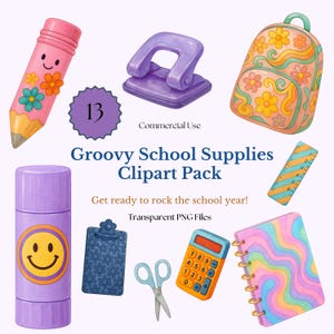 Groovy Pastel Schulbedarf PNG, Bildung Clipart, Back to School Clip Art, Retro Lehrer Klassenzimmer Geschenk, Sofortiger Download kommerzielle Nutzung